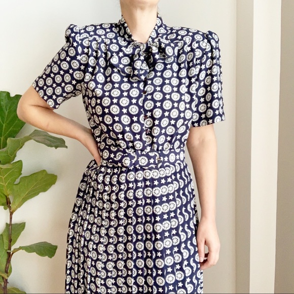 Vintage Dresses & Skirts - Vtg Midi Secretary Dress Bleu White Pleated 8